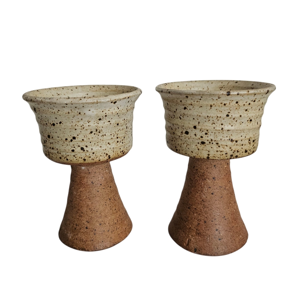 Studio Pottery Pair Of Ceramic Goblets Speckled Glaze Signed, Set Of 2
